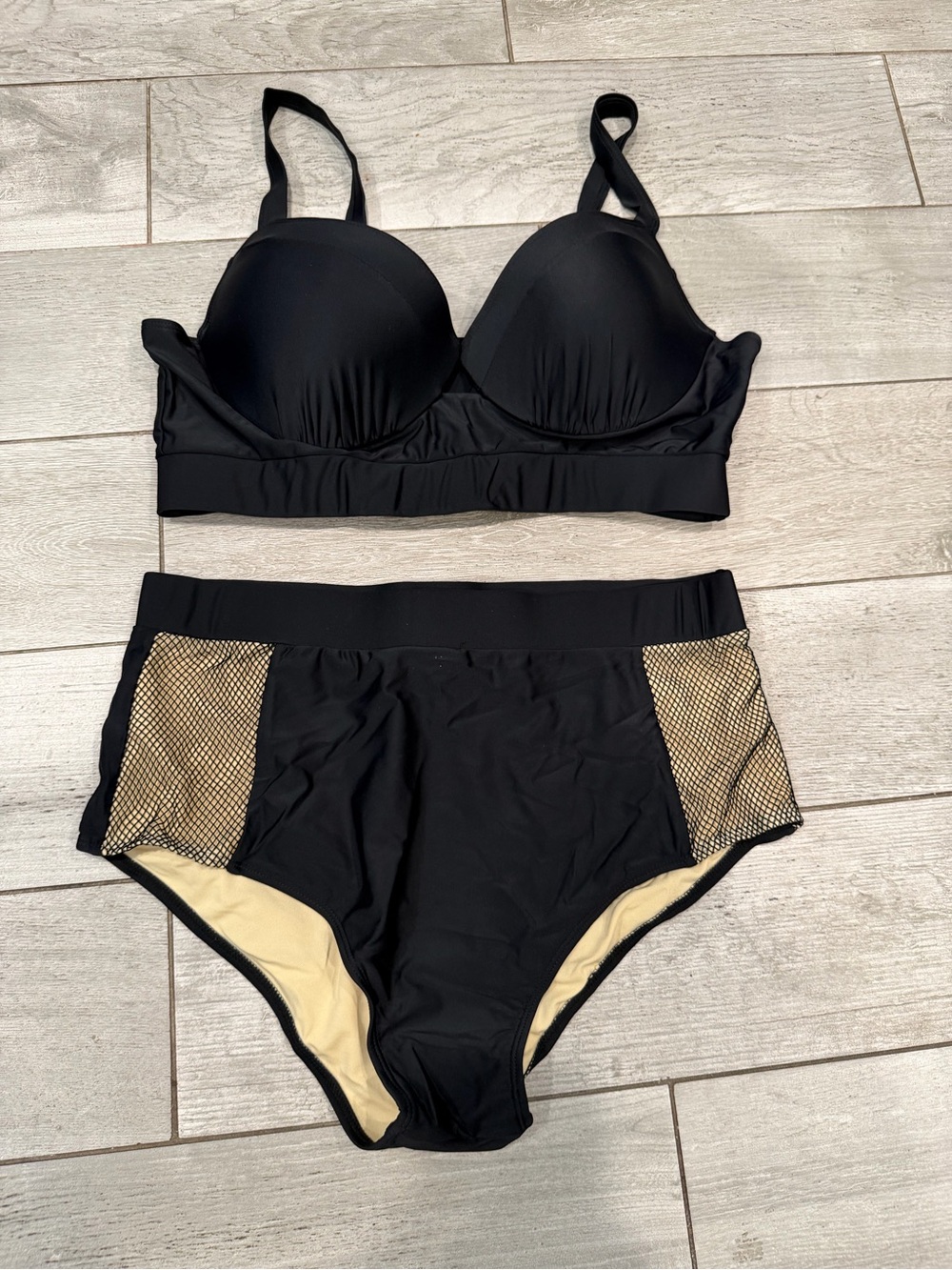 Black High-Waist Bikini Set with Gold Mesh Panels - Women Swim